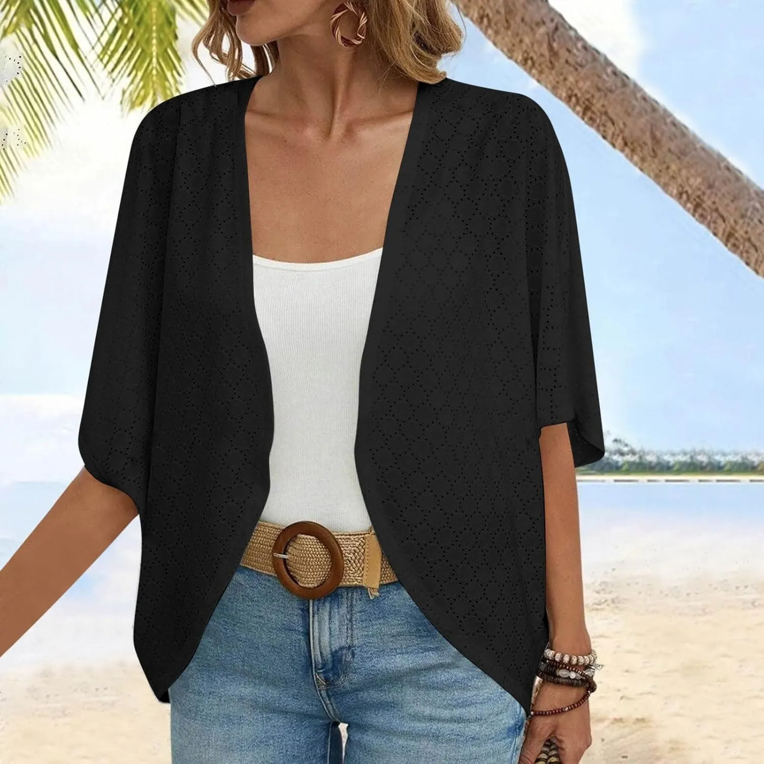 Summer Cardigans for Women Lightweight Kimono Cardigan Short Sleeve Eyelet Loose Fit Beach Wear Casual Cover Up Tops