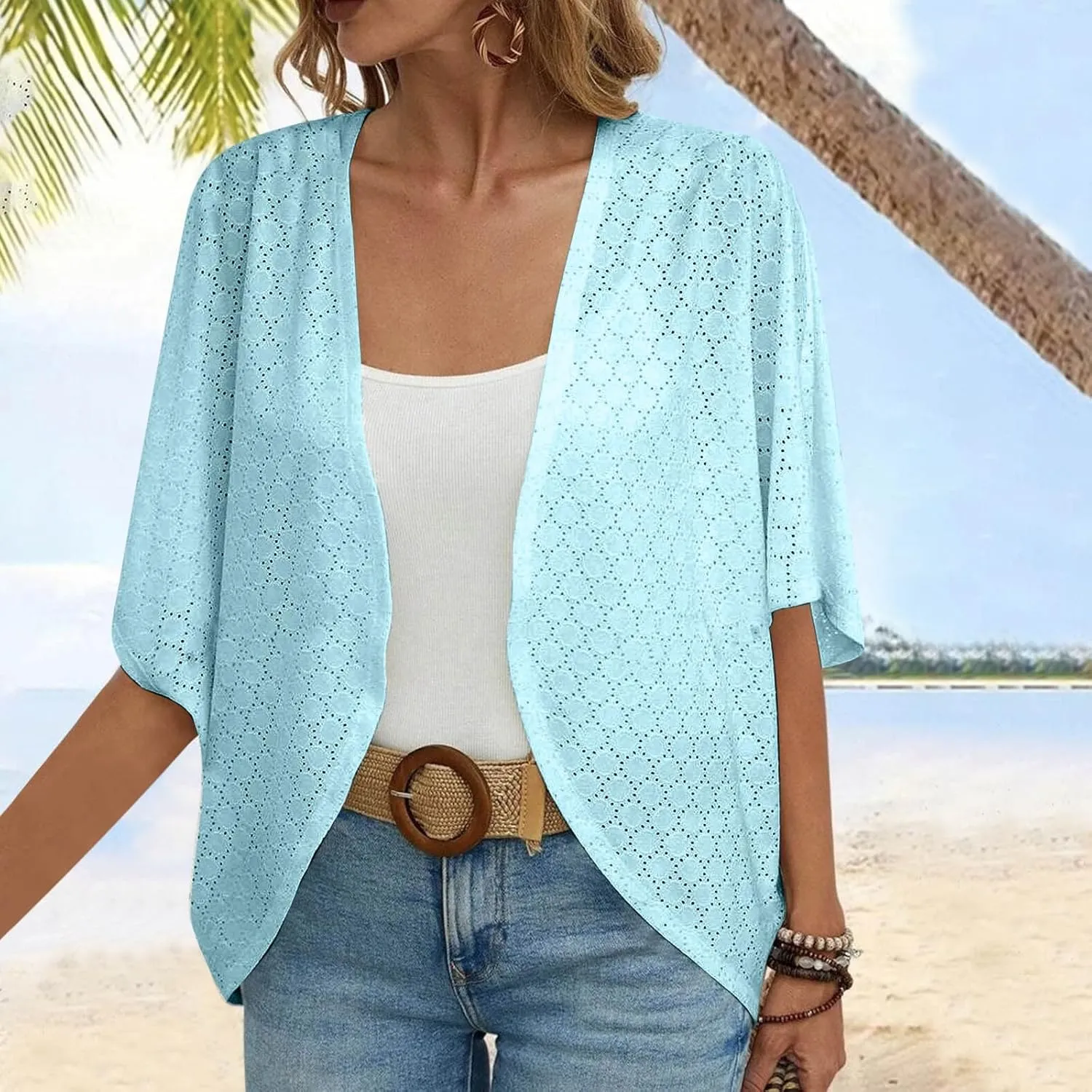 Summer Cardigans for Women Lightweight Kimono Cardigan Short Sleeve Eyelet Loose Fit Beach Wear Casual Cover Up Tops
