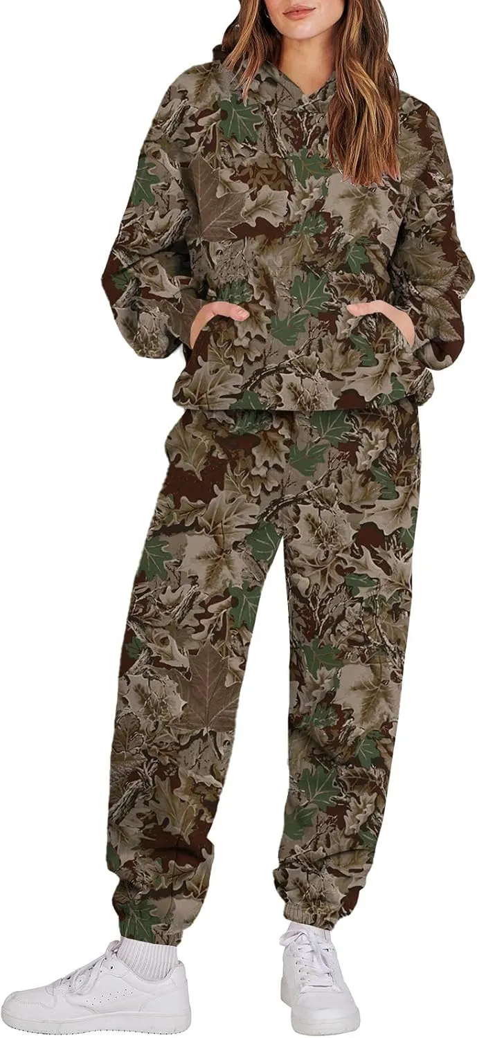 Sweatsuits for Women Set 2 Piece Camo Hoodie Long Sleeve Crewneck Camo Sweatshirt Wide Leg Sweatpants Fall Outfits