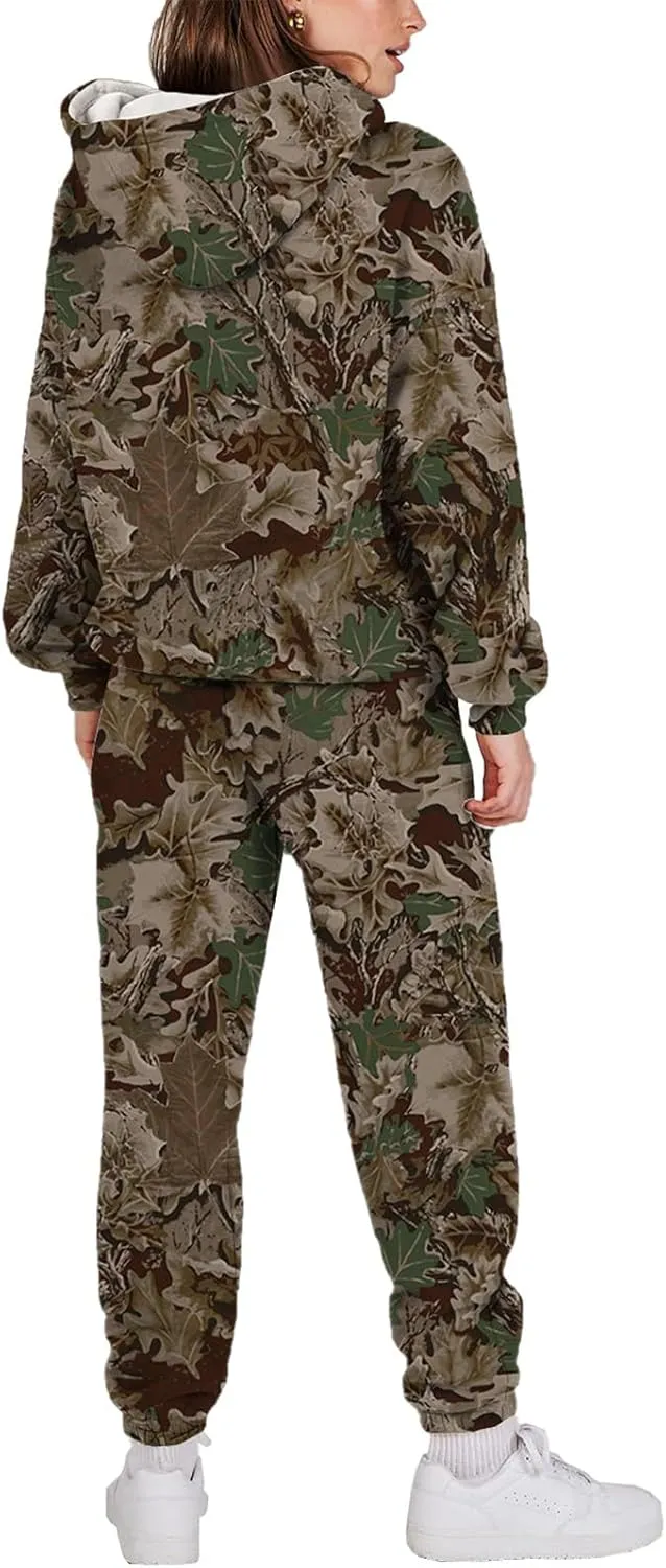 Sweatsuits for Women Set 2 Piece Camo Hoodie Long Sleeve Crewneck Camo Sweatshirt Wide Leg Sweatpants Fall Outfits