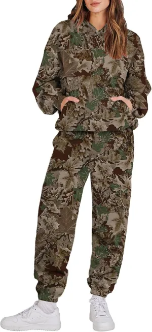 Sweatsuits for Women Set 2 Piece Camo Hoodie Long Sleeve Crewneck Camo Sweatshirt Wide Leg Sweatpants Fall Outfits