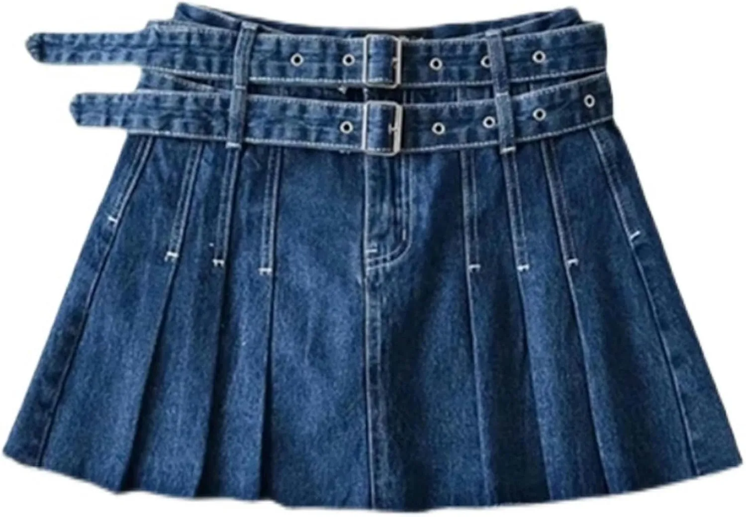 Sweet and Cool Anti-Exposure A-line Skirt high-Waisted Double Belt Topstitched Denim Pleated Skirt