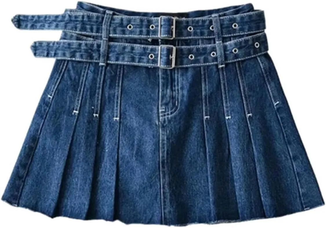 Sweet and Cool Anti-Exposure A-line Skirt high-Waisted Double Belt Topstitched Denim Pleated Skirt