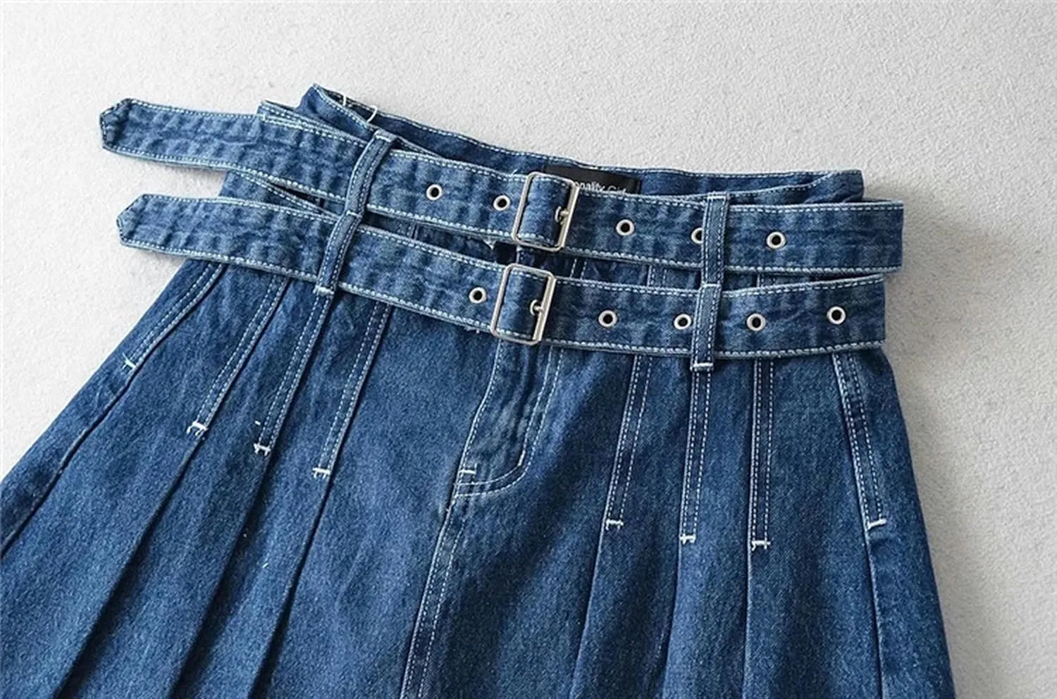 Sweet and Cool Anti-Exposure A-line Skirt high-Waisted Double Belt Topstitched Denim Pleated Skirt