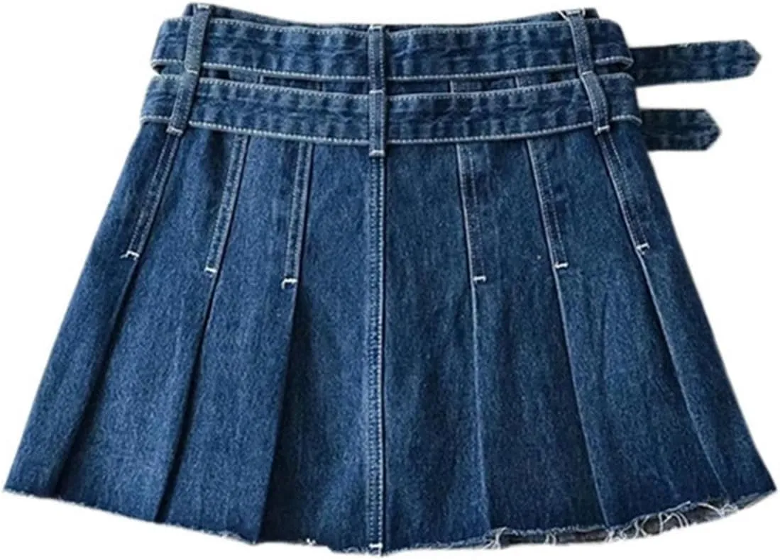 Sweet and Cool Anti-Exposure A-line Skirt high-Waisted Double Belt Topstitched Denim Pleated Skirt