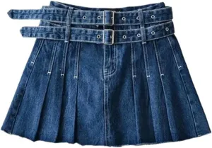 Sweet and Cool Anti-Exposure A-line Skirt high-Waisted Double Belt Topstitched Denim Pleated Skirt