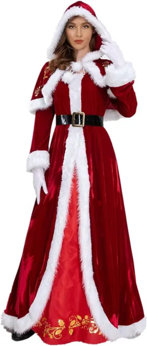Sywiyi Women Christmas Deluxe Mrs. Claus Costume Set Velvet Dress Hooded Cloak Cape Gloves Belt for Cosplay Party