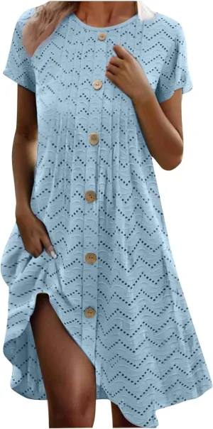 TANGNADE Womens Summer Crewneck Short Sleeve Midi Dress Eyelet Button Pleated A Line Casual Flowy Dresses Sundress