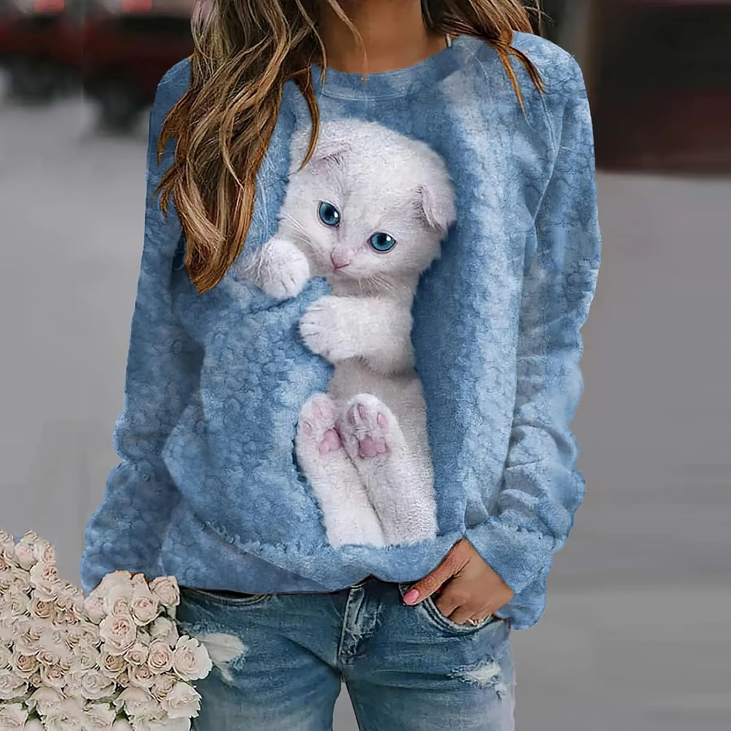 TIAFORD Womens Cute Cats Graphic Crewneck Sweatshirt Winter Trendy Casual Plus Size Long Sleeve Shirt for Cats Lovers