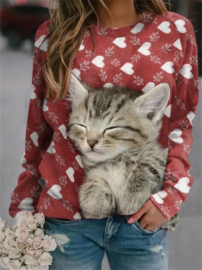 TIAFORD Womens Cute Cats Graphic Crewneck Sweatshirt Winter Trendy Casual Plus Size Long Sleeve Shirt for Cats Lovers