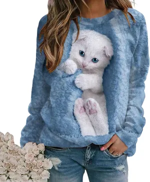 TIAFORD Womens Cute Cats Graphic Crewneck Sweatshirt Winter Trendy Casual Plus Size Long Sleeve Shirt for Cats Lovers