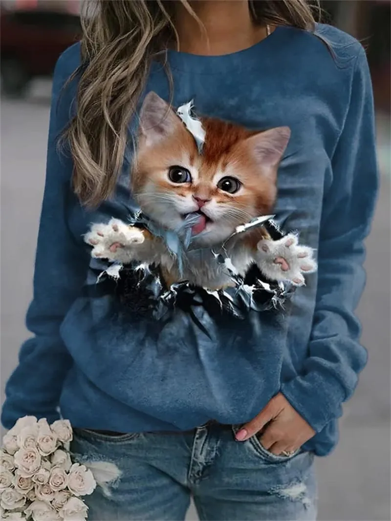 TIAFORD Womens Cute Cats Graphic Crewneck Sweatshirt Winter Trendy Casual Plus Size Long Sleeve Shirt for Cats Lovers