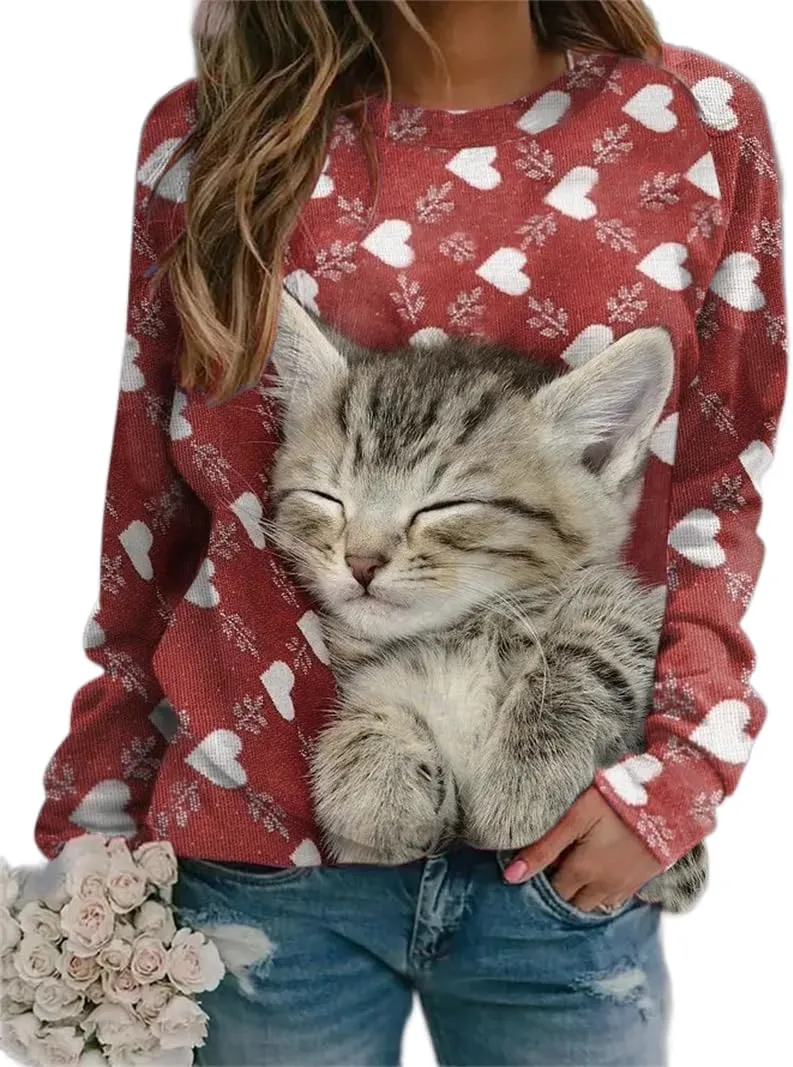 TIAFORD Womens Cute Cats Graphic Crewneck Sweatshirt Winter Trendy Casual Plus Size Long Sleeve Shirt for Cats Lovers