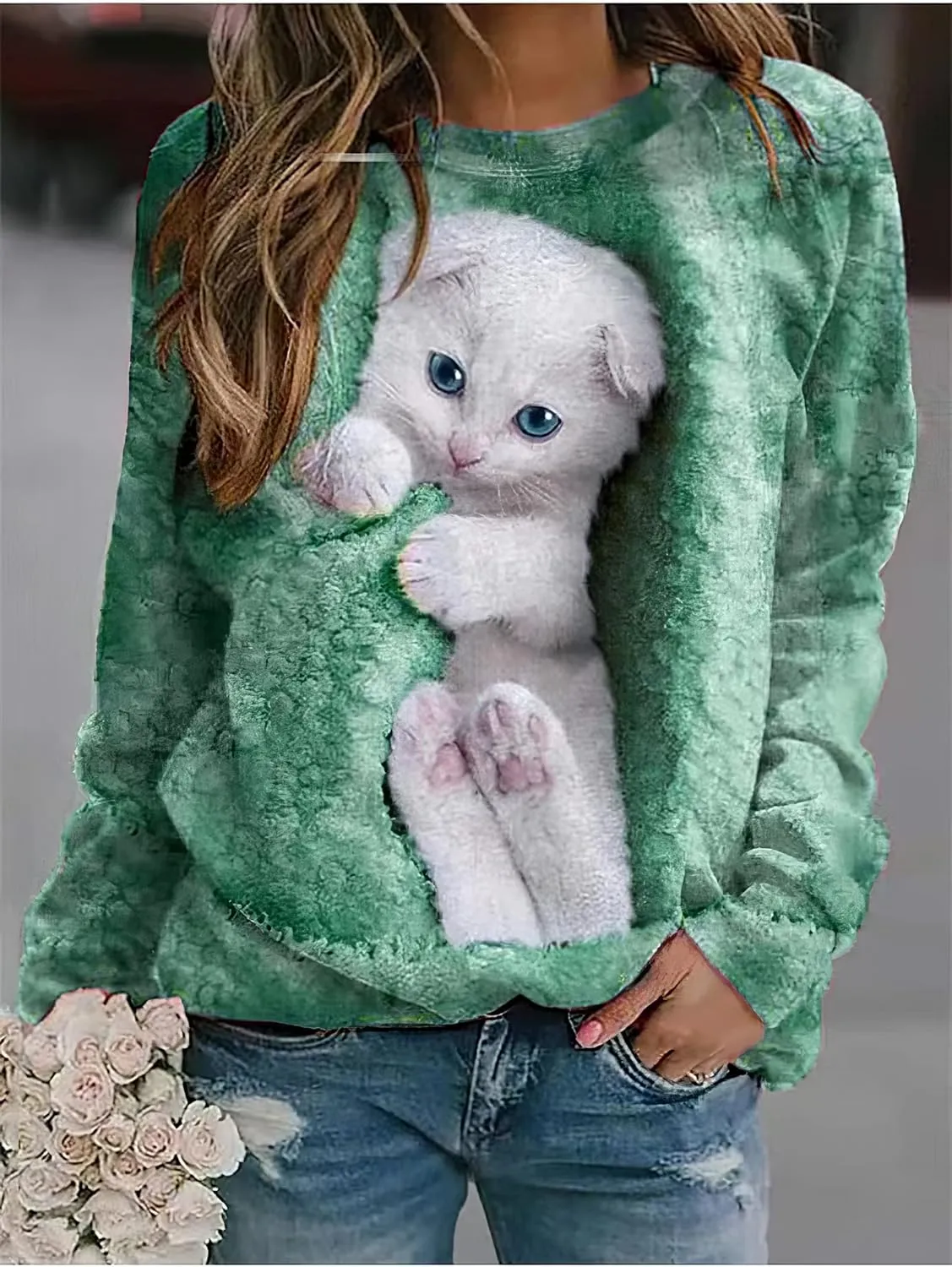 TIAFORD Womens Cute Cats Graphic Crewneck Sweatshirt Winter Trendy Casual Plus Size Long Sleeve Shirt for Cats Lovers