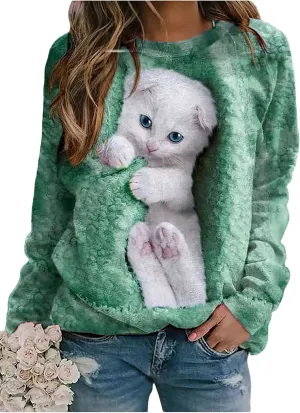 TIAFORD Womens Cute Cats Graphic Crewneck Sweatshirt Winter Trendy Casual Plus Size Long Sleeve Shirt for Cats Lovers