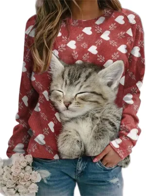 TIAFORD Womens Cute Cats Graphic Crewneck Sweatshirt Winter Trendy Casual Plus Size Long Sleeve Shirt for Cats Lovers