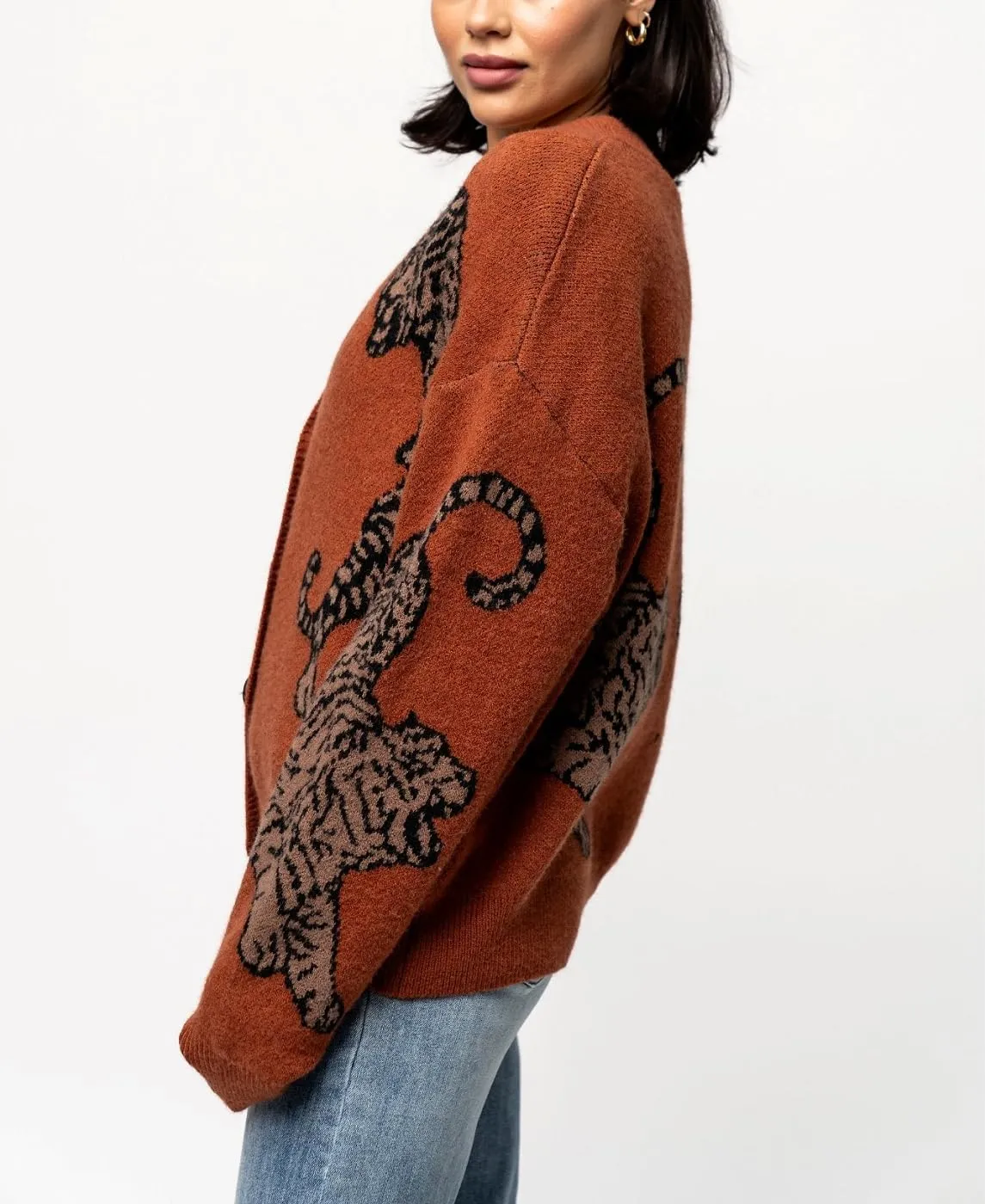 Tiger Print Cardigan Sweaters for Women Button Up Y2k Knitted Cardigans Oversized Long Sleeve Sweater Coats