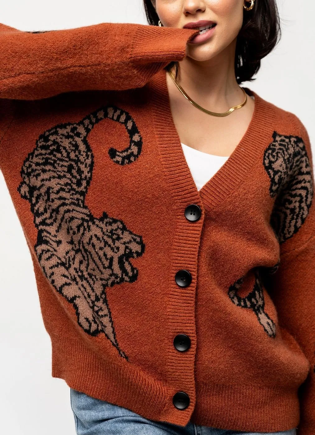 Tiger Print Cardigan Sweaters for Women Button Up Y2k Knitted Cardigans Oversized Long Sleeve Sweater Coats
