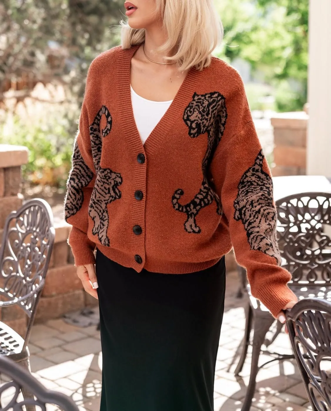 Tiger Print Cardigan Sweaters for Women Button Up Y2k Knitted Cardigans Oversized Long Sleeve Sweater Coats