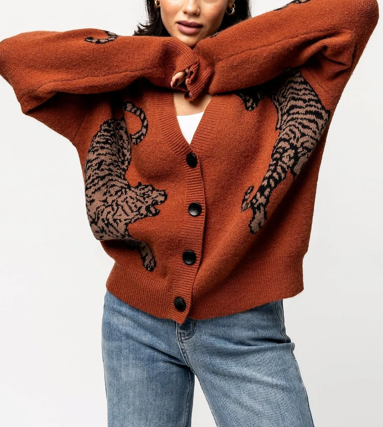 Tiger Print Cardigan Sweaters for Women Button Up Y2k Knitted Cardigans Oversized Long Sleeve Sweater Coats