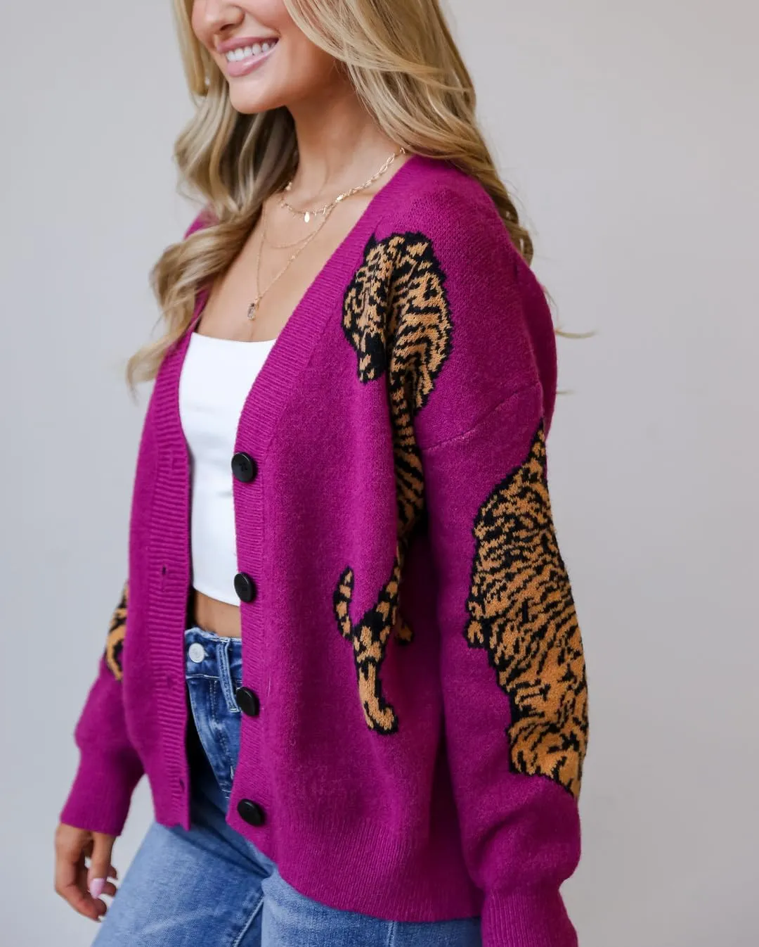 Tiger Print Cardigan Sweaters for Women Button Up Y2k Knitted Cardigans Oversized Long Sleeve Sweater Coats