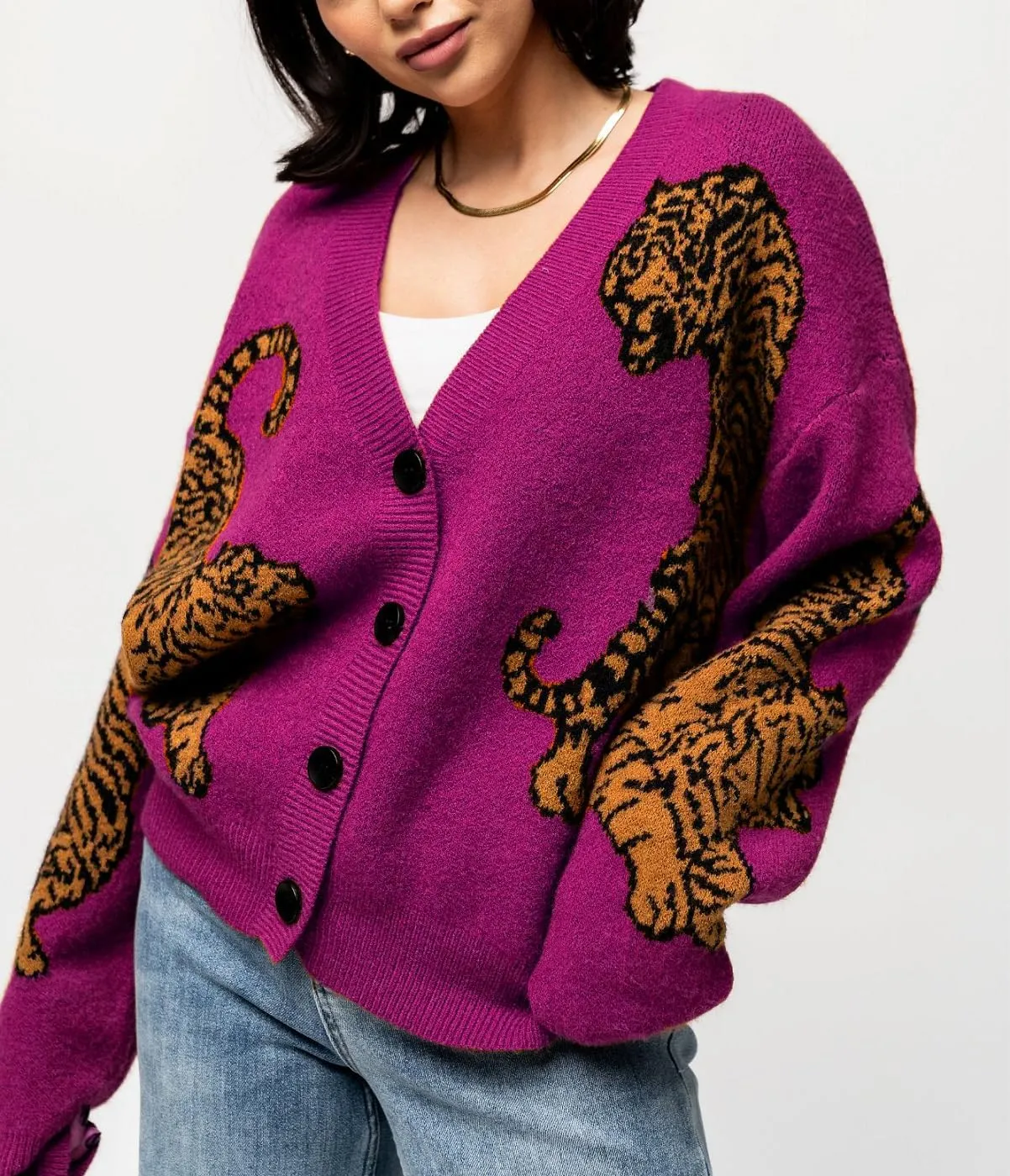 Tiger Print Cardigan Sweaters for Women Button Up Y2k Knitted Cardigans Oversized Long Sleeve Sweater Coats
