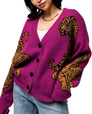 Tiger Print Cardigan Sweaters for Women Button Up Y2k Knitted Cardigans Oversized Long Sleeve Sweater Coats