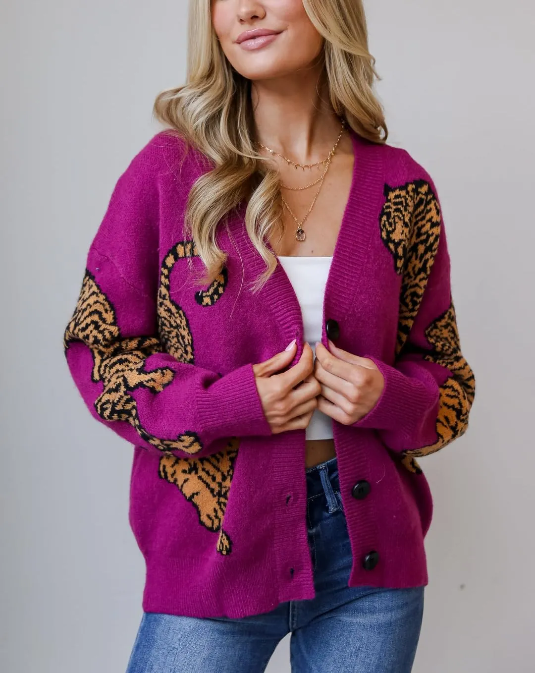 Tiger Print Cardigan Sweaters for Women Button Up Y2k Knitted Cardigans Oversized Long Sleeve Sweater Coats