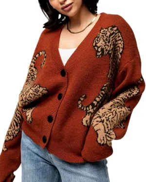 Tiger Print Cardigan Sweaters for Women Button Up Y2k Knitted Cardigans Oversized Long Sleeve Sweater Coats