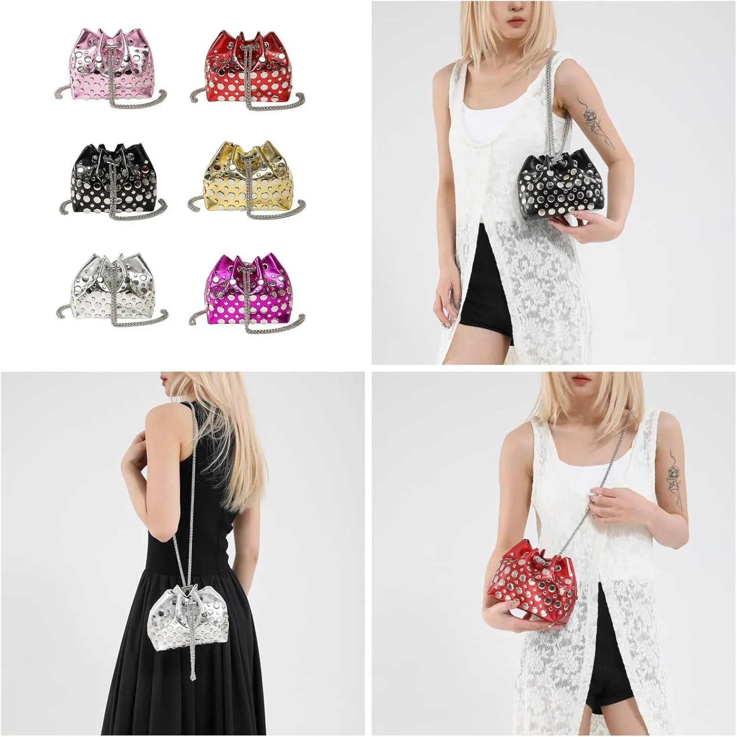 Trendy Small Bucket Crossbody Bag With Studs Design Practical PU Leather Chain Strap For Women 2025 Satchel Purse