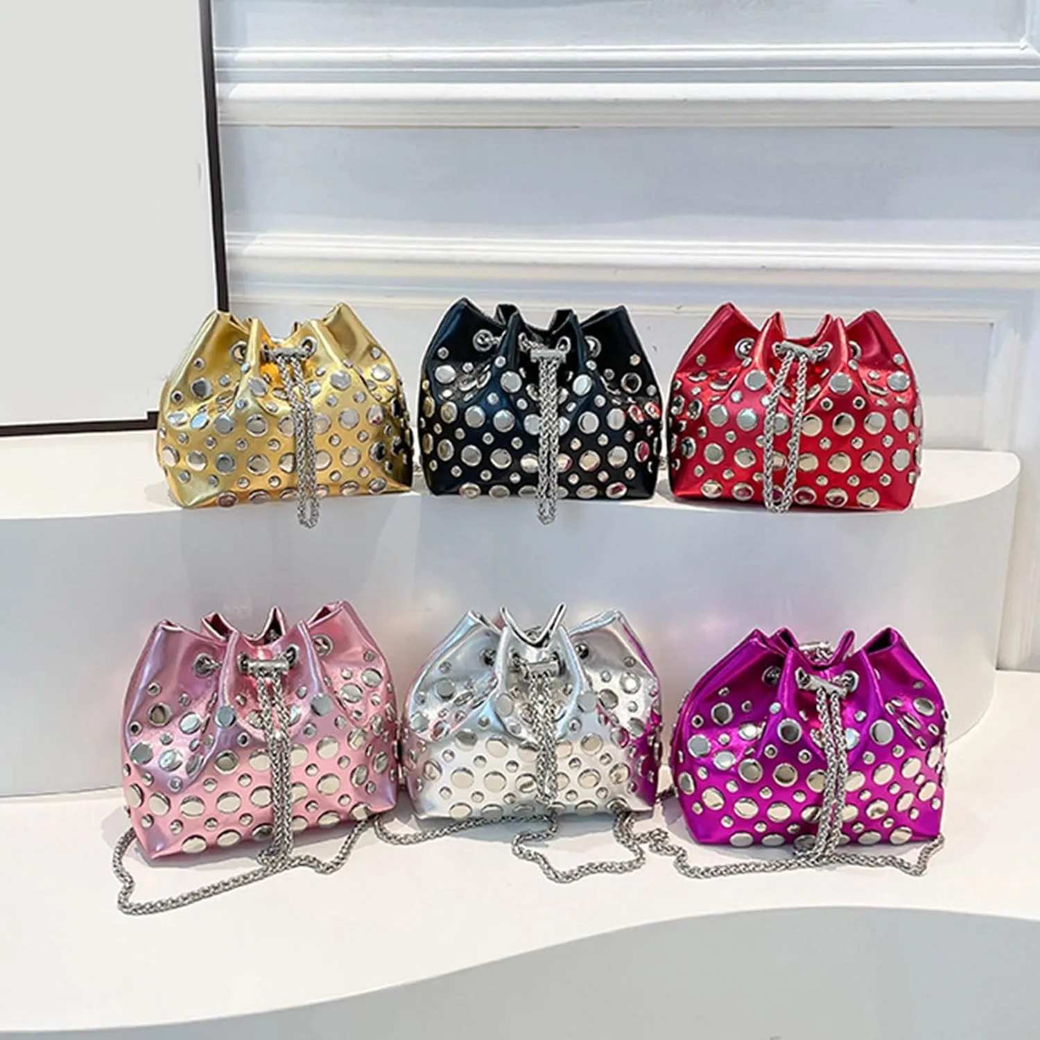 Trendy Small Bucket Crossbody Bag With Studs Design Practical PU Leather Chain Strap For Women 2025 Satchel Purse