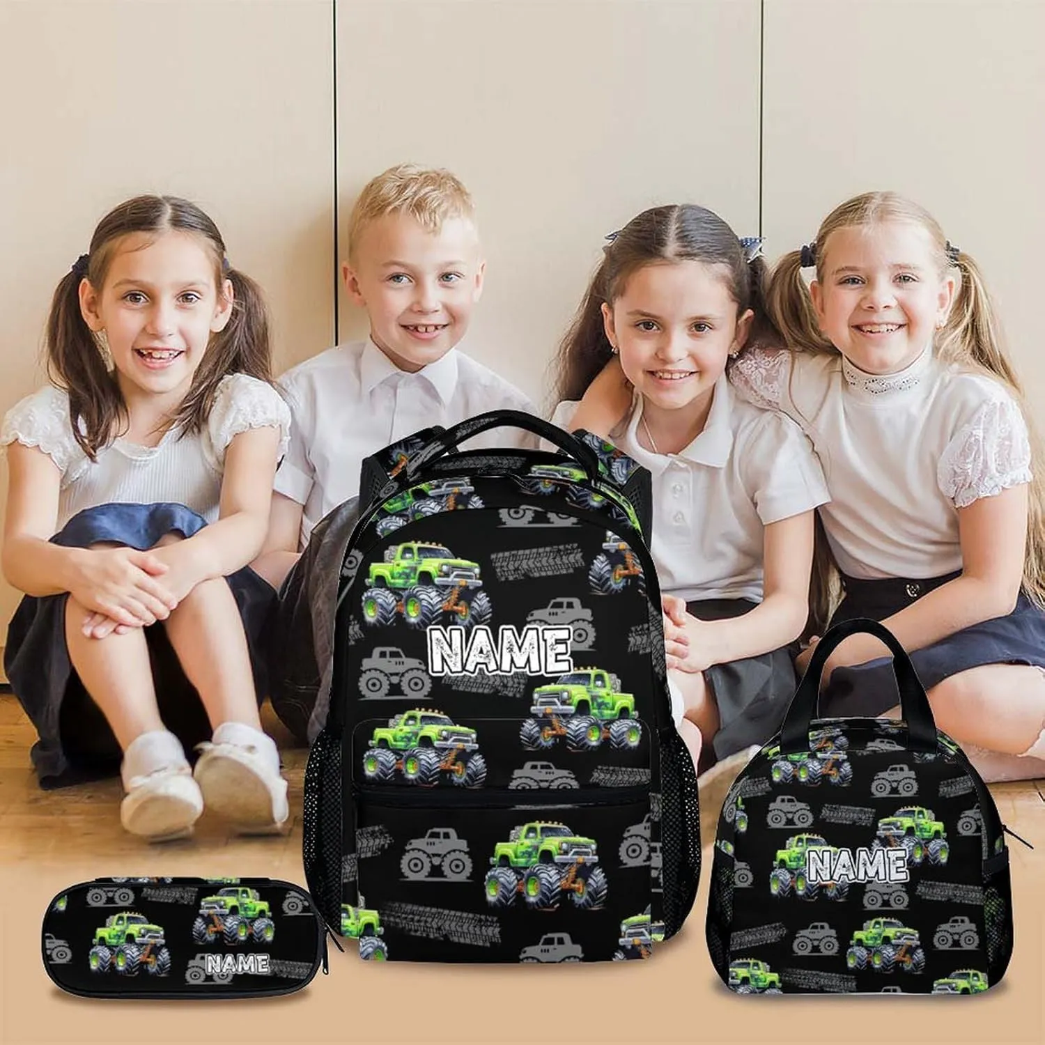 Truck Backpack for Kids School, Set of 3 Personalized Car Backpacks for Boys Kindergarten Elementary Primary Middle College, 17 Inch Custom Large Capacity Bookbag