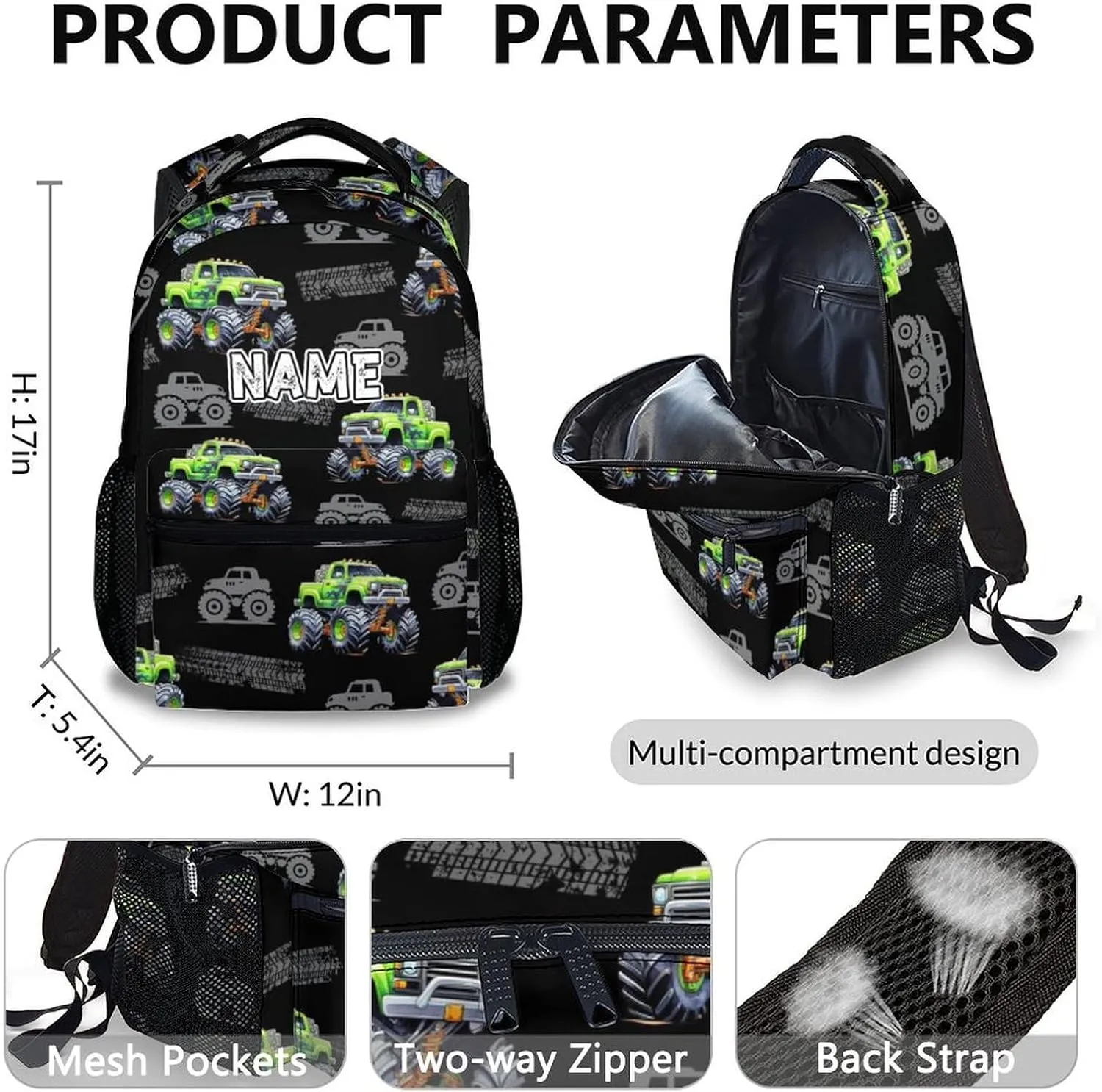 Truck Backpack for Kids School, Set of 3 Personalized Car Backpacks for Boys Kindergarten Elementary Primary Middle College, 17 Inch Custom Large Capacity Bookbag