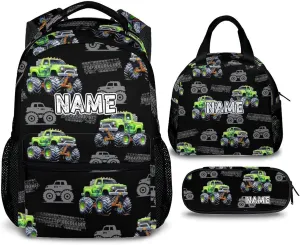 Truck Backpack for Kids School, Set of 3 Personalized Car Backpacks for Boys Kindergarten Elementary Primary Middle College, 17 Inch Custom Large Capacity Bookbag