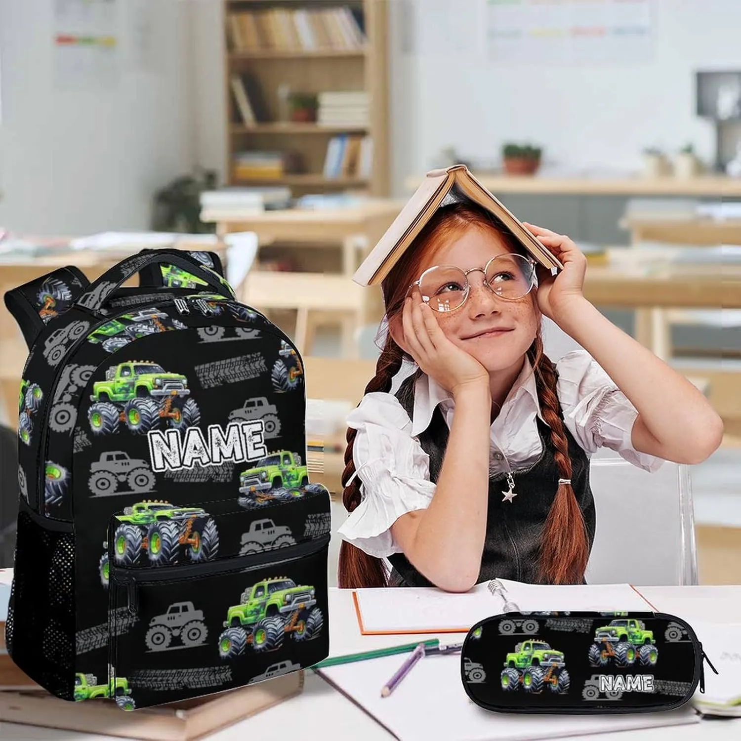 Truck Backpack for Kids School, Set of 3 Personalized Car Backpacks for Boys Kindergarten Elementary Primary Middle College, 17 Inch Custom Large Capacity Bookbag
