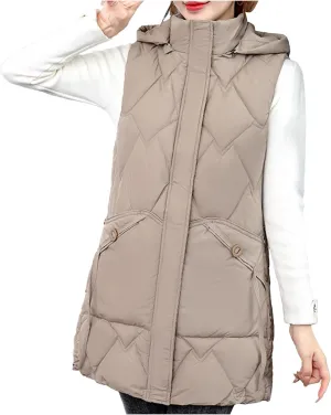 Uillui Womens Fashion Hooded Down Vest Winter Mid-Length Outdoor Thermal Puffer Gilet Jacket Zip Up Cotton-Padded Waistcoats