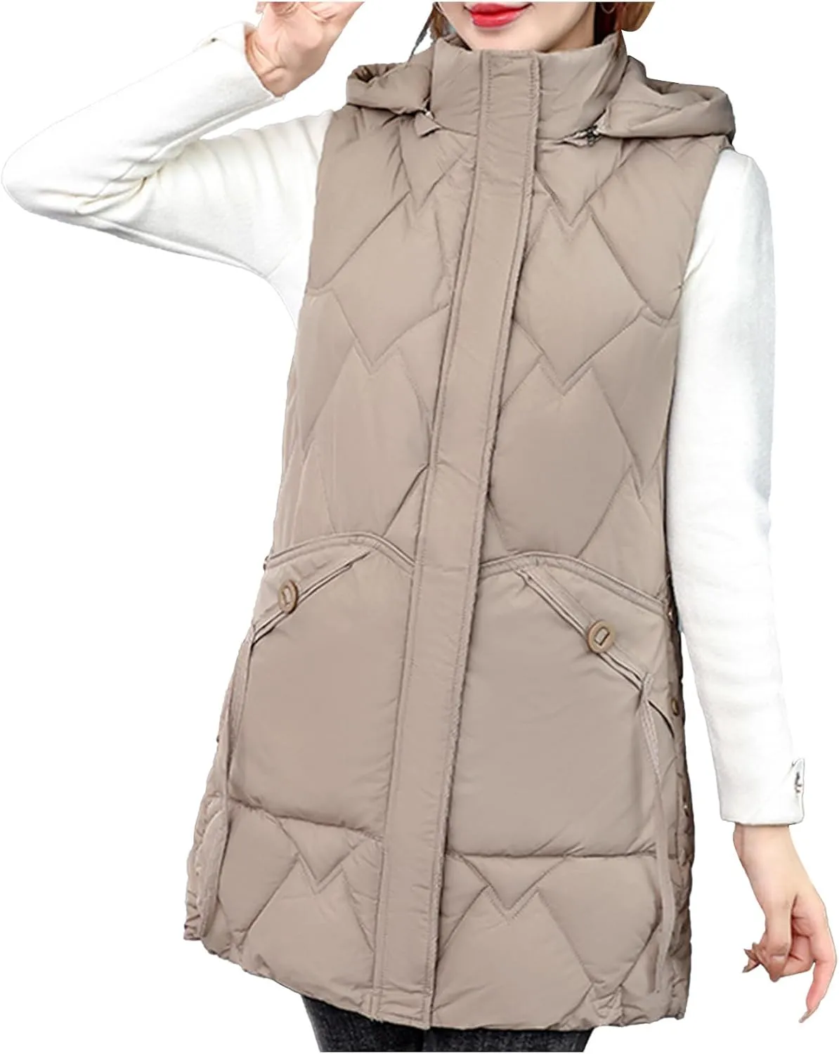 Uillui Womens Fashion Hooded Down Vest Winter Mid-Length Outdoor Thermal Puffer Gilet Jacket Zip Up Cotton-Padded Waistcoats