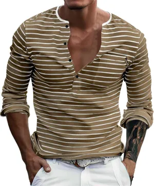 V Neck T Shirts Men Cotton Striped Slim Fit Henley Summer Deep Vneck Shirt Long Sleeve Workout Button Down Causal Top