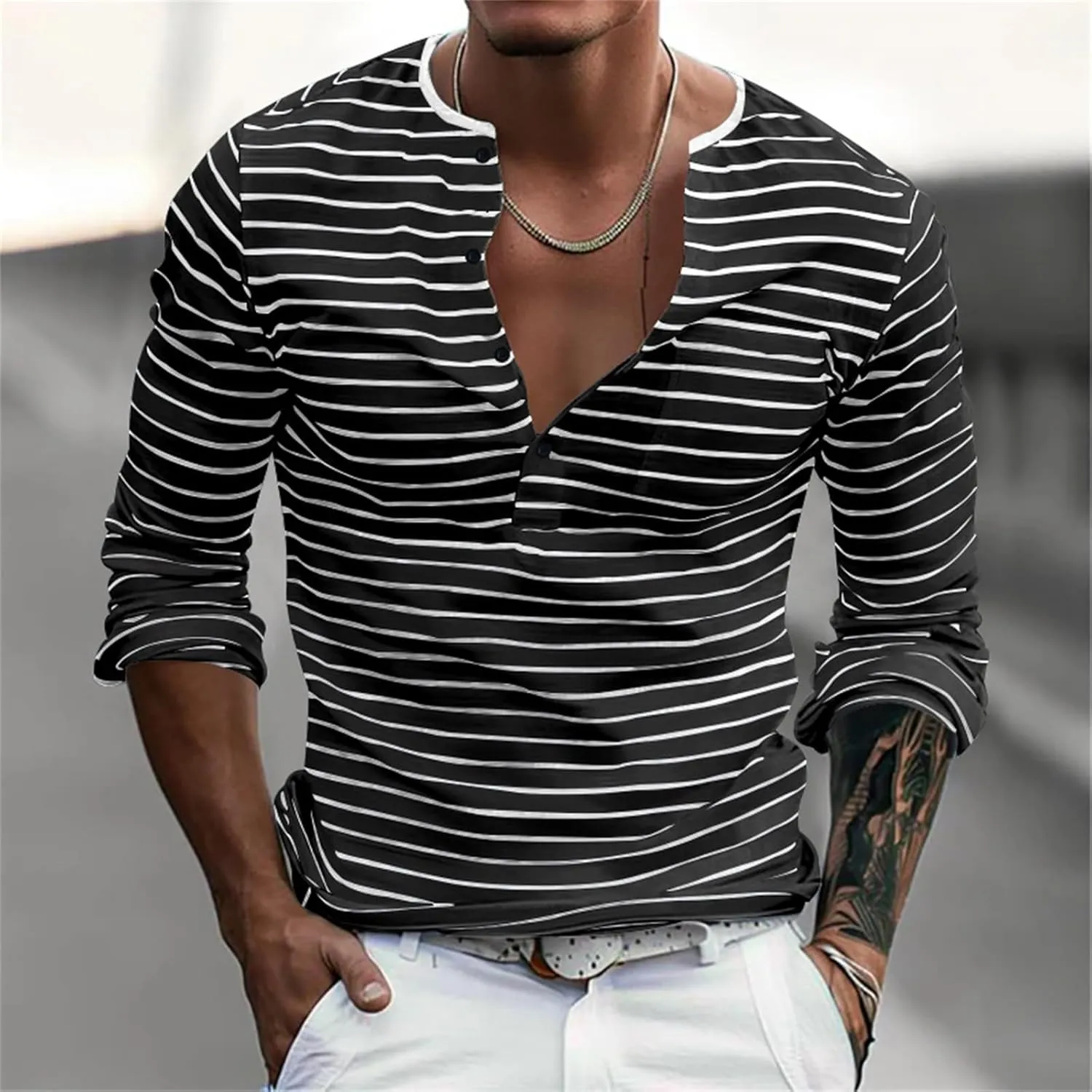 V Neck T Shirts Men Cotton Striped Slim Fit Henley Summer Deep Vneck Shirt Long Sleeve Workout Button Down Causal Top