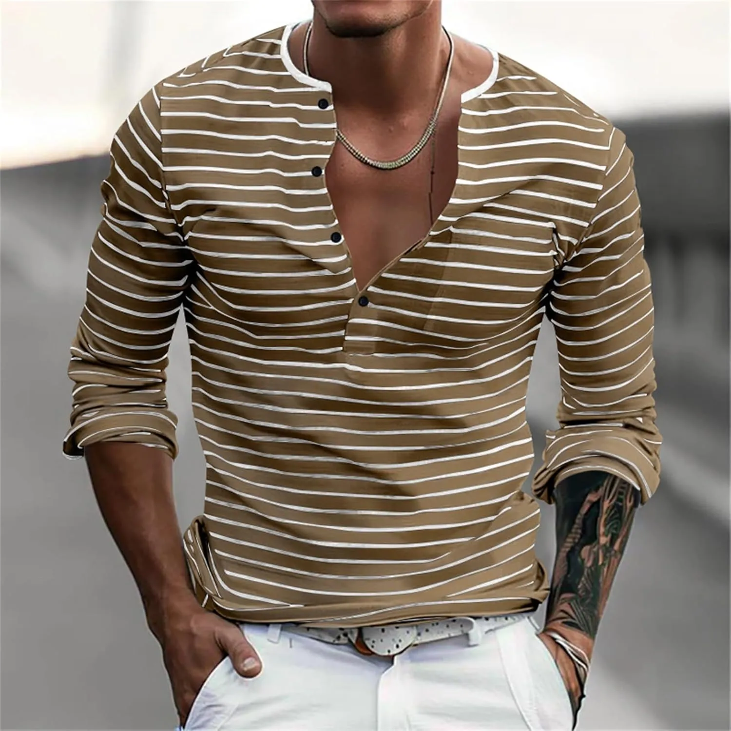 V Neck T Shirts Men Cotton Striped Slim Fit Henley Summer Deep Vneck Shirt Long Sleeve Workout Button Down Causal Top