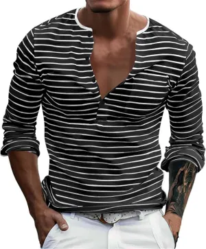 V Neck T Shirts Men Cotton Striped Slim Fit Henley Summer Deep Vneck Shirt Long Sleeve Workout Button Down Causal Top