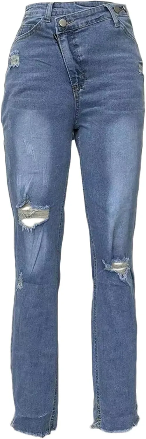 Vaceky Women Cuffed Ripped Jeans Y2K Distressed Ripped Skinny Stretchy Denim Pant