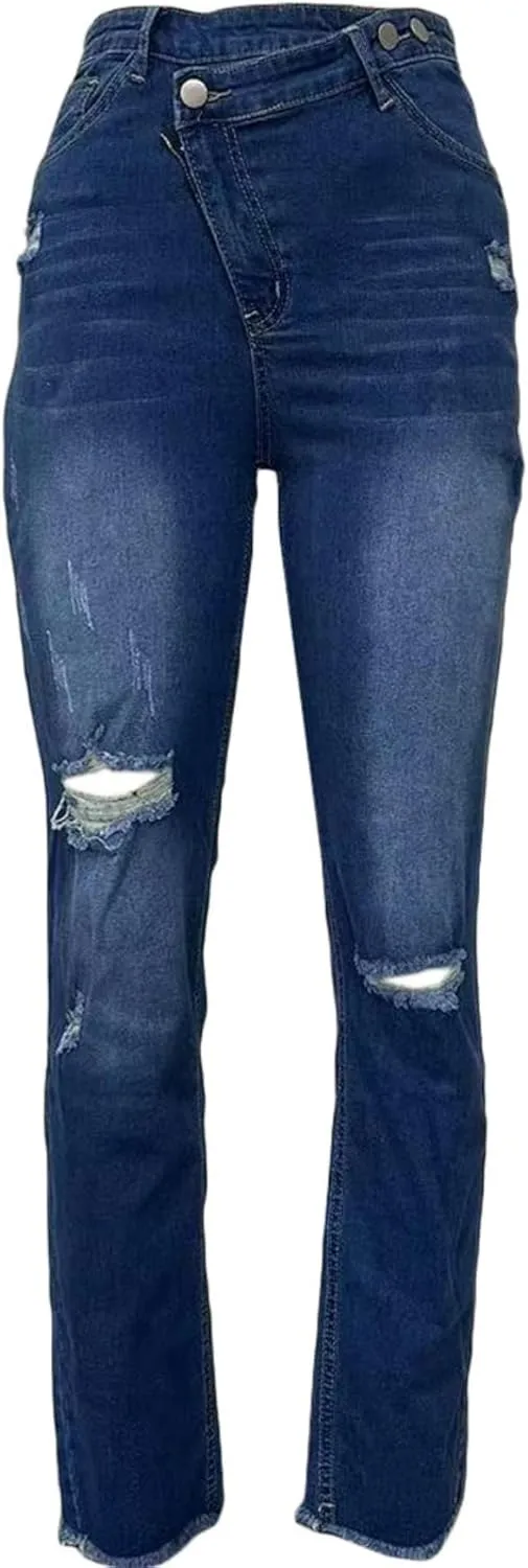 Vaceky Women Cuffed Ripped Jeans Y2K Distressed Ripped Skinny Stretchy Denim Pant