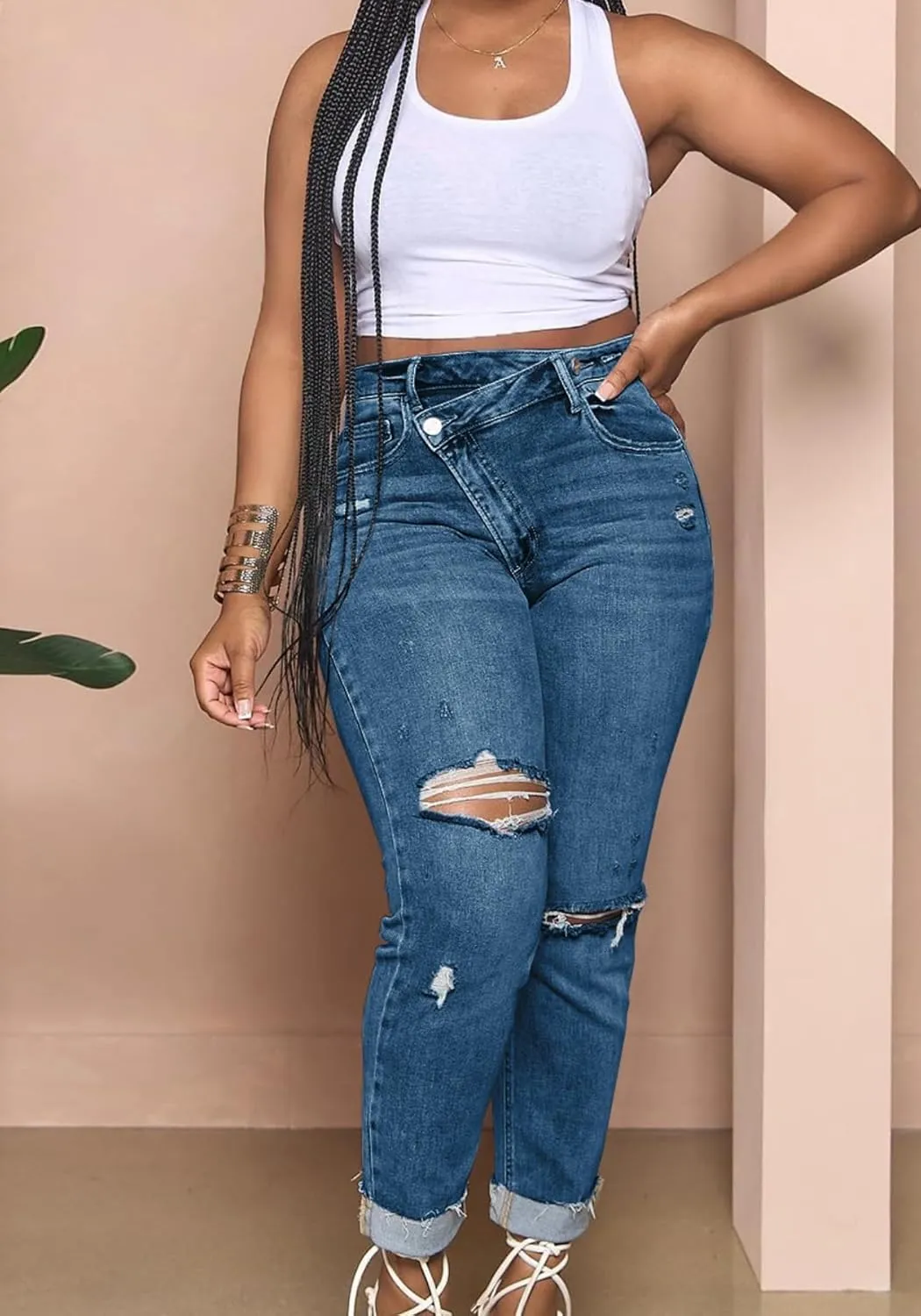Vaceky Women Cuffed Ripped Jeans Y2K Distressed Ripped Skinny Stretchy Denim Pant