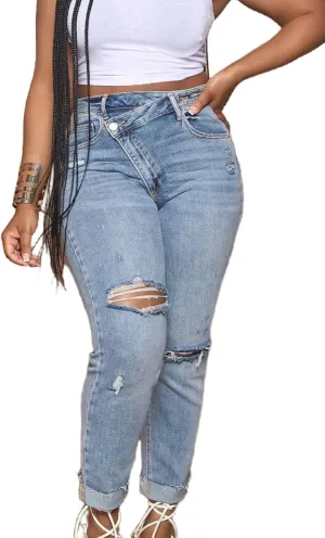 Vaceky Women Cuffed Ripped Jeans Y2K Distressed Ripped Skinny Stretchy Denim Pant