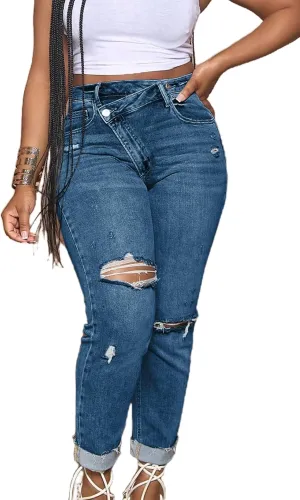 Vaceky Women Cuffed Ripped Jeans Y2K Distressed Ripped Skinny Stretchy Denim Pant