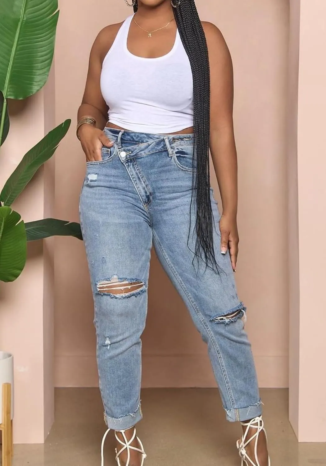 Vaceky Women Cuffed Ripped Jeans Y2K Distressed Ripped Skinny Stretchy Denim Pant