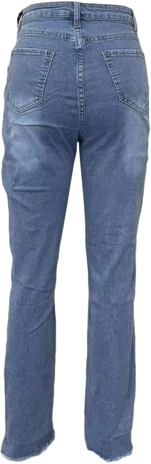 Vaceky Women Cuffed Ripped Jeans Y2K Distressed Ripped Skinny Stretchy Denim Pant