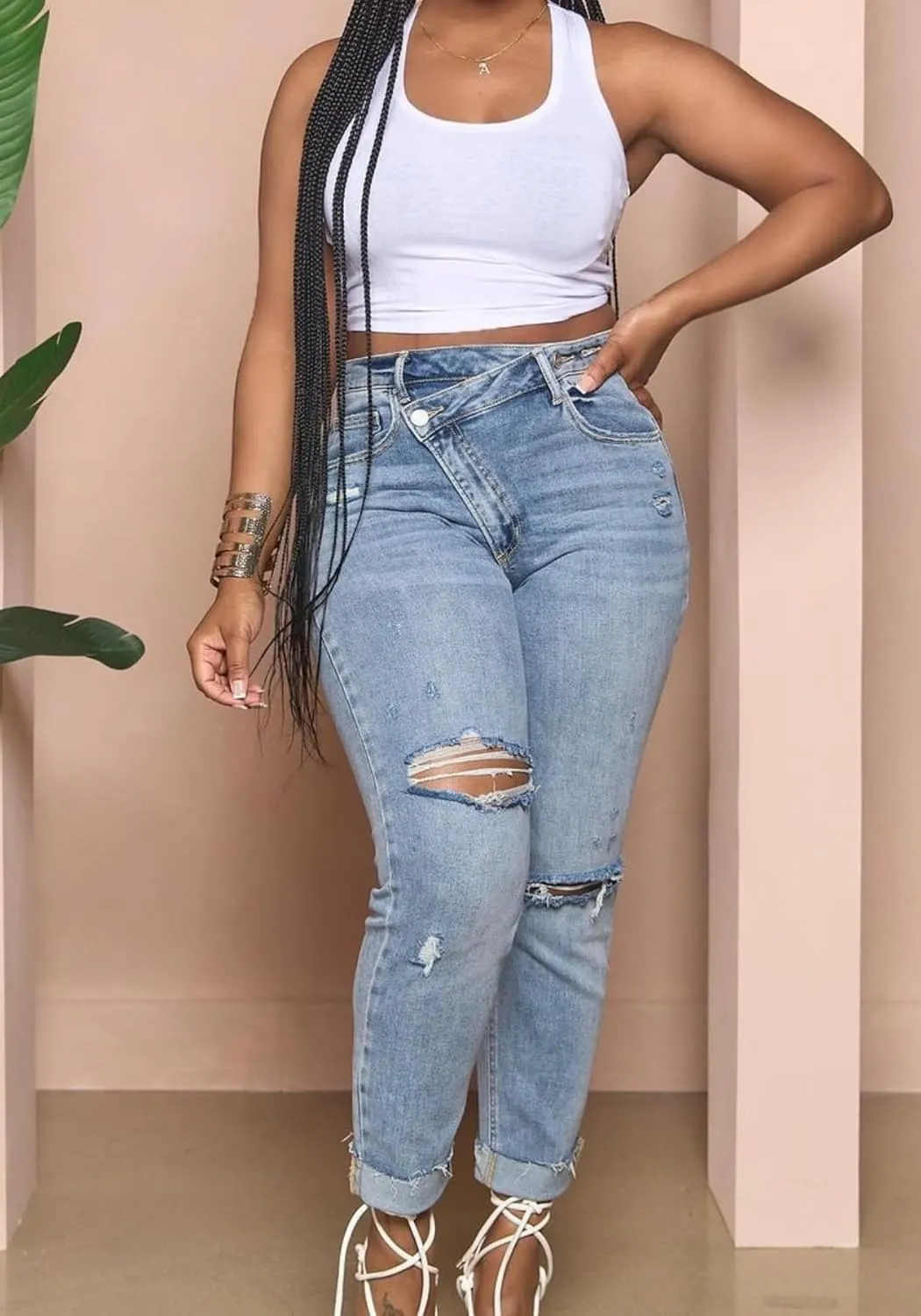 Vaceky Women Cuffed Ripped Jeans Y2K Distressed Ripped Skinny Stretchy Denim Pant