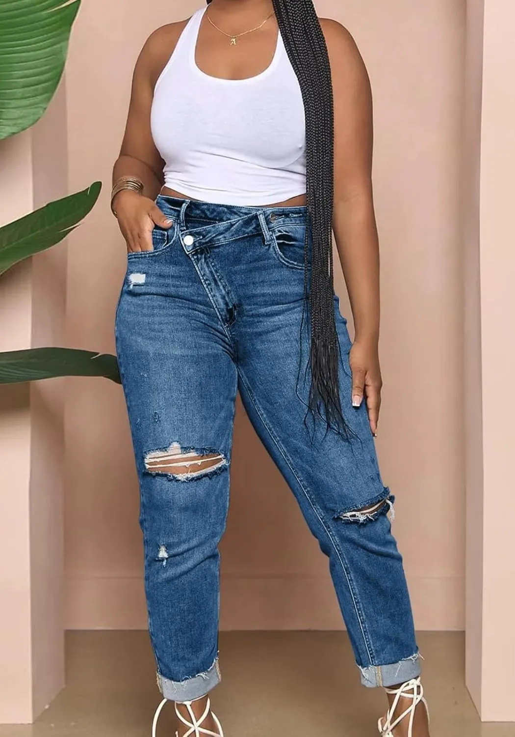 Vaceky Women Cuffed Ripped Jeans Y2K Distressed Ripped Skinny Stretchy Denim Pant